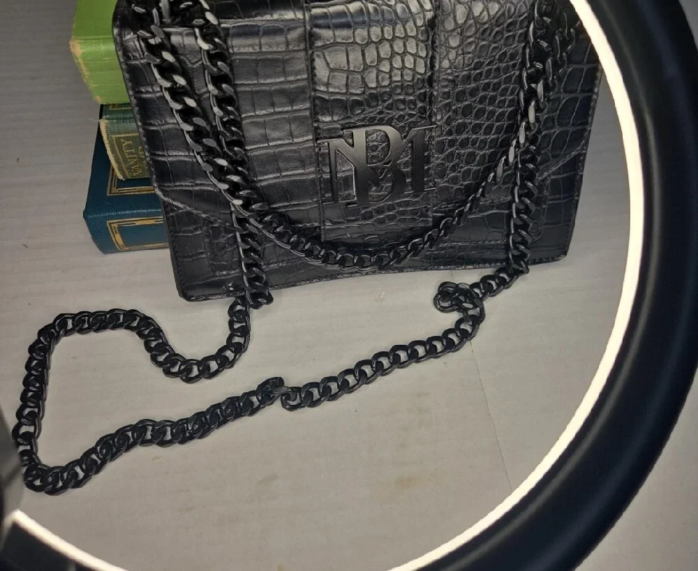 Badgely Mischka Black Vegan Croc-Embossed Chain Shoulder Bag